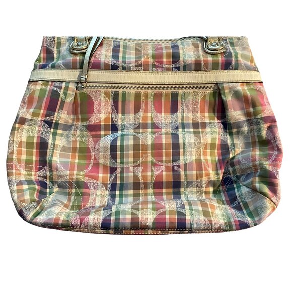 COACH Tote Shoulder Bag Poppy Multi Madras Signature Pastel Plaid Sequins - Picture 14 of 14